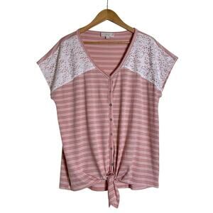 Weekend Suzanne Betro Women Lace Striped Button Tie-Front Top Size XL Pink NWOT